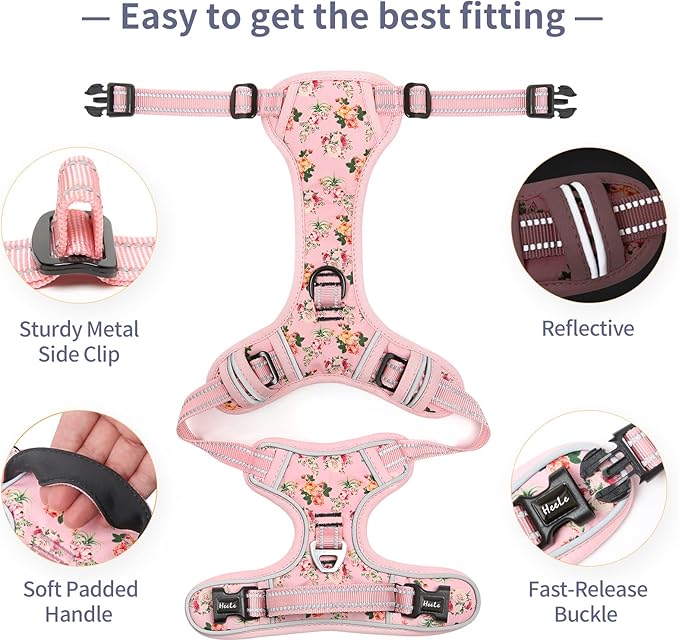 HEELE Dog Harness Harness for Small Dogs No Pull Dog Vest Harness for Small Dog with Soft Padded Handle Reflective for Outdoor Training, Flower-Pink, S