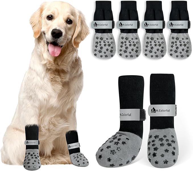 Anti-Slip Dog Socks for Hardwood Floors, Non-Slip Socks with Reflective Strips to Provide Paw Protection, Reflective Grip Socks for Senior Dogs, Prevent Licking & Scratches, 6 PCS Set - L