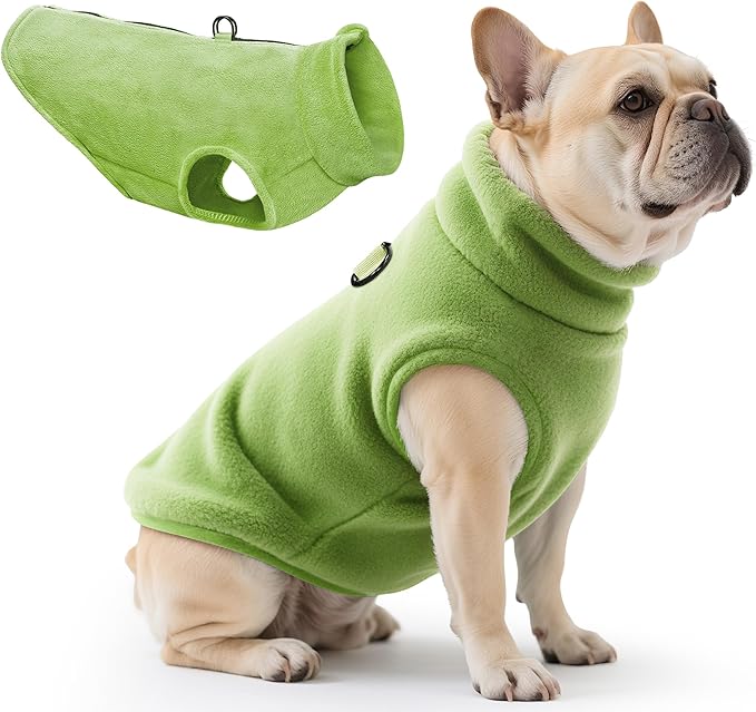 Idepet Dog Fleece Vest Sweater Zip Up Warm Pullover Dogs Jacket with D-Ring Leash Winter Cold Weater Coat Pet Sweatershirt Clothes Hoodie for Small Medium Dogs Boy Girl(Green,S)