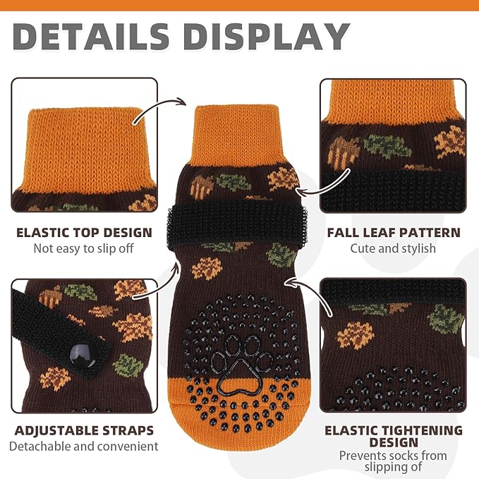 KOOLTAIL Thanksgiving Anti Slip Dog Socks for Hot/Cold Pavement to Prevent Licking Paws, Fall Dog Boots&Paw Protector with Grippers for Hardwood Floors, Traction Booties for Small Medium Large Dog, SM