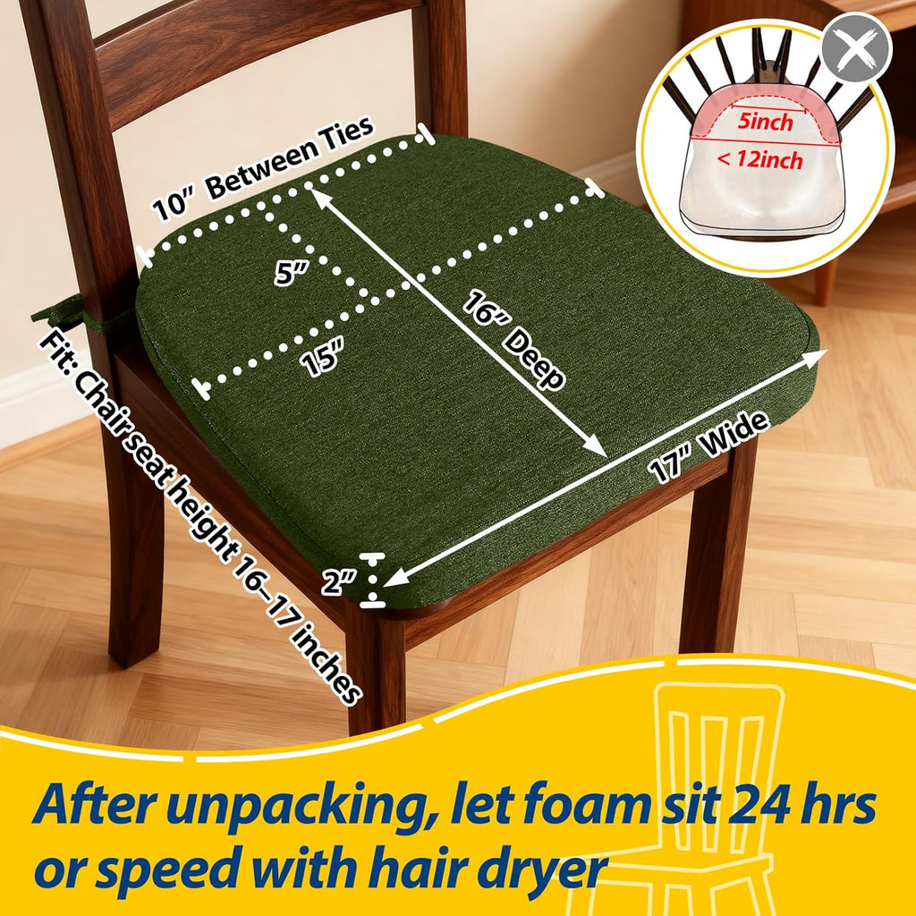 AAAAAcessories D-Shaped Chair Cushions, 2" Thick Dining Chair Pads with Ties and Removable, Machine-Washable Cover, 17" x 16", Set of 6, Dark Olive Green