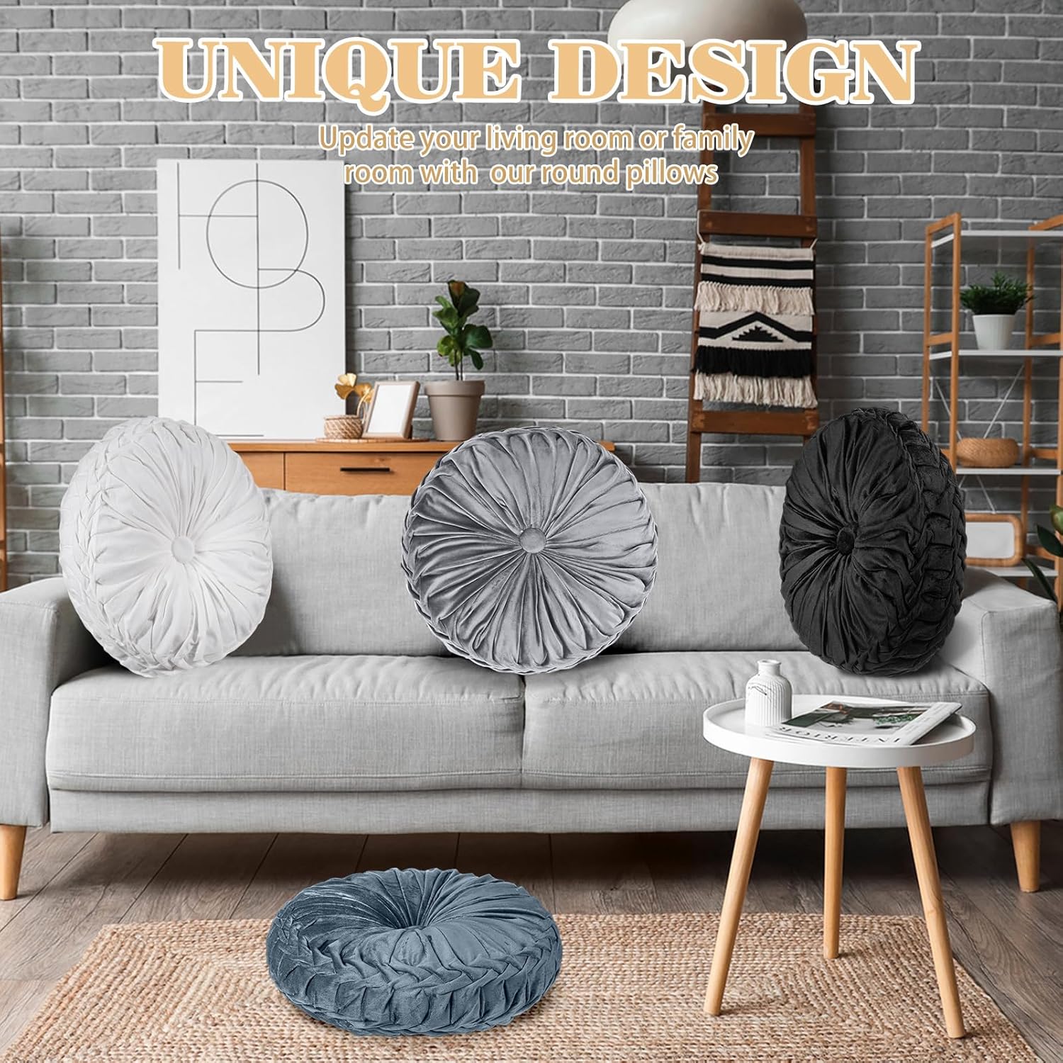 Yerliker 6 Pcs Floor Pillow Cushions 15inch Round Velvet Throw Pillows Colorful Flexible Cushions Alternative Pillows for Couch Chair Living Room Bedroom Home Office Decor(Black and White Color)