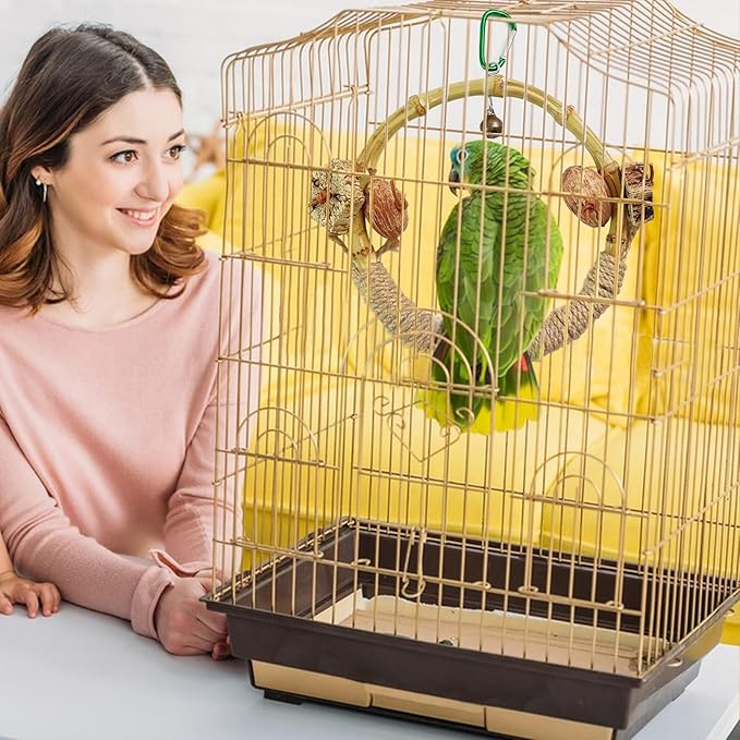 Circle Bird Swing with Bell,Bamboo Parakeet Rope Perches for Cage Ring Bird Swings Chewings Nuts Toys for Parrots Cockatiels Lovebirds Budgie