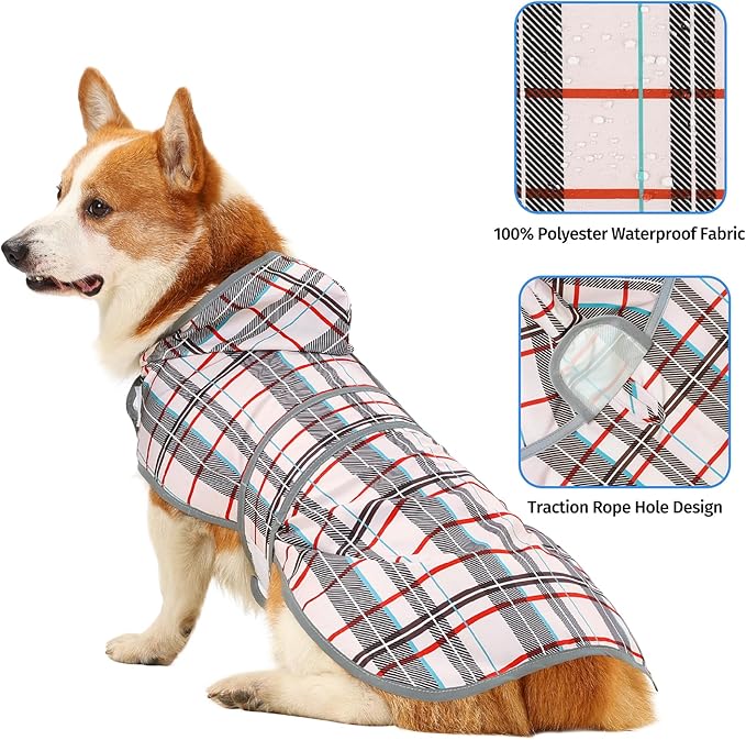 Dog Raincoat for Medium Dogs Waterproof Hooded Rain Jacket with Reflective Strips Leash Hole & Poncho Adjustable Fit (Plaid,L)
