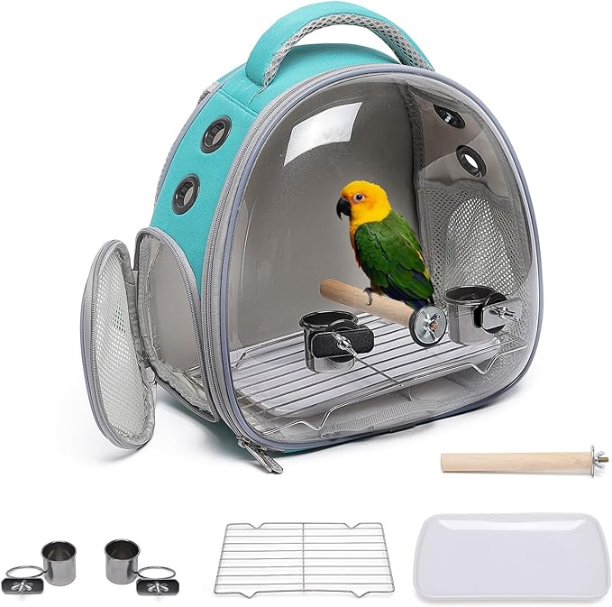 Portable Travel pet Backpack Carrier Hamster Bag Guinea Pig Bird Small Dog cat Turtle Carrier Rabbit Cage Squirrel Bearded Dragon Breathable Hangbag (Green+Accessories)