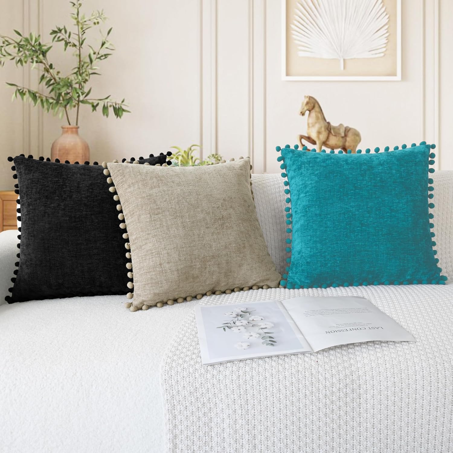 CaliTime Throw Pillow Covers Decorative 16 X 16 Inches Pack of 2 Cozy Solid Dyed Soft Chenille Cushion Cases with Pom Poms for Couch Sofa Bed Living Room Home Lake Blue