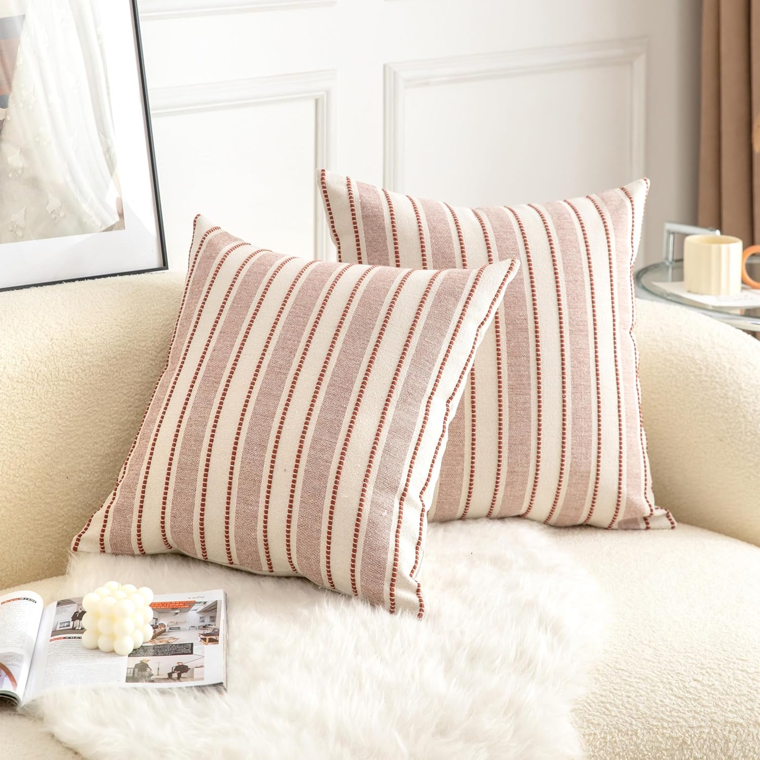 Decorative Boho Throw Pillow Covers, Farmhouse Textured Pillow Case, 20 x 20 Inch Set of 2, Chair Sofa Bedroom Living Room Home Decor Couch Cushion Case, Rust and Beige Striped