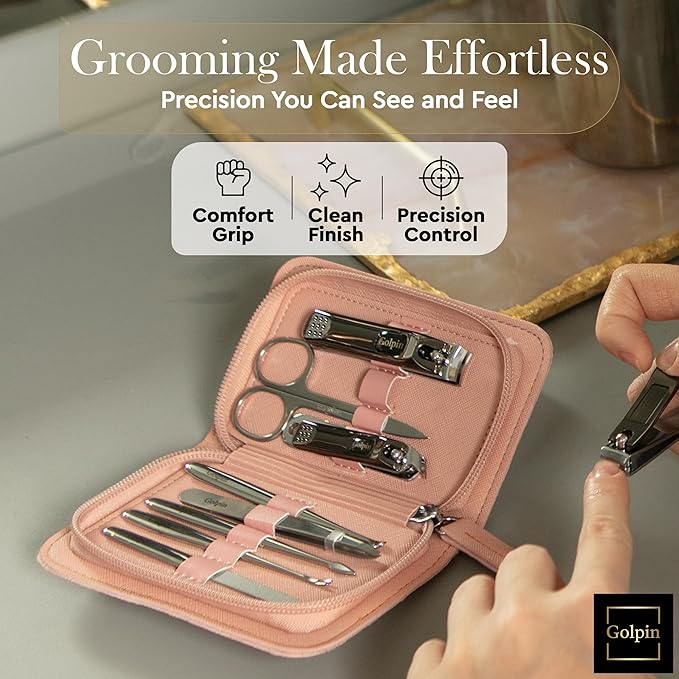 9 Pcs Manicure Kit for Men & Women – Stainless Steel Tools with Pink Travel Nail Kit Case, Nail Clippers, Cuticle Pusher, File, Gift Ready Women & Mens Manicure Set