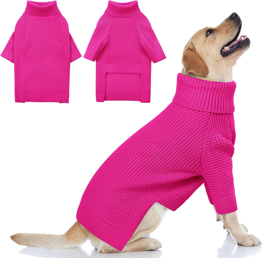 Queenmore Dog Sweater for Large Breeds, Long Sleeve Warm Dog Sweaters, Turtleneck Knitted Pullover Pet Clothes, XL Dog KintSweater, Cat Knitwear, Fuchsia XL
