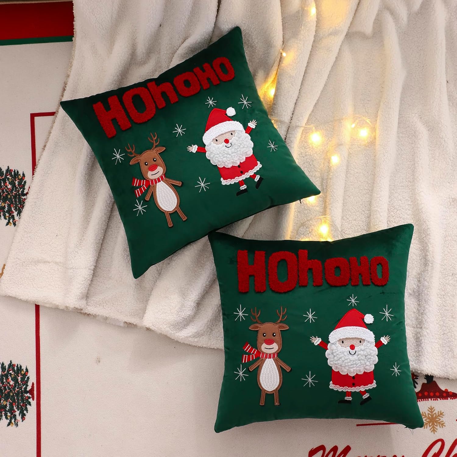 LUOYEHK Christmas Pillow Covers 18x18 Set of 2 Cute Santa Claus and Reindeer Decorative Green Pillow Cases Winter Holiday Velvet Embroidered Cushion Covers for Couch Sofa Bed