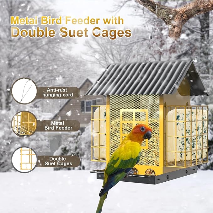 Bird Feeders for Outdoors Hanging, Metal Bird Feeder with Double Suet Cage Cake, Large Capacity, Birdfeeders Sturdy & Weatherproof, Easy to Clean & Refill, Great for Attracting Wild Birds