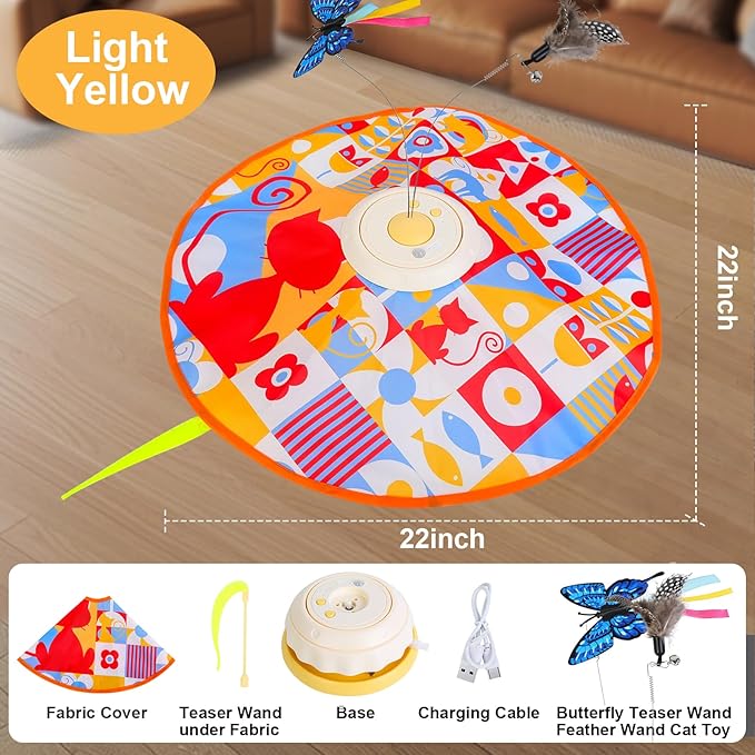 Wn's Day Rechargeable Cat Toys,Hide and Seek Game Interactive Cat Toys for Indoor Cats,Moving Wand Feather Cat Stimulation Toys,Touch Activated Cat Enrichment Toys for Bored Indoor Adult Cats(Yellow)