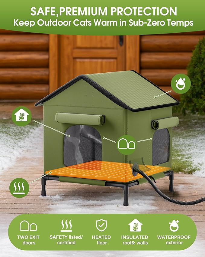 Heated Outdoor Cat House for Outsid-Wide Winter Shelter for Ferals - Cat House for Outdoor Cats, Heated House for Outside Weatherproof Insulated Protection 22.5 x 17 x 17