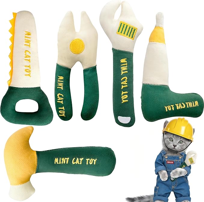 Catnip Toys for Cats, Chew Resistant Cat Toys with Natural Catnip, Interactive Funny Shape Kitten Kicher, Soft Cat Teething Chew Toy for Indoor Cats & Kittens, Tool Shape Pet Toys, 5 Pack