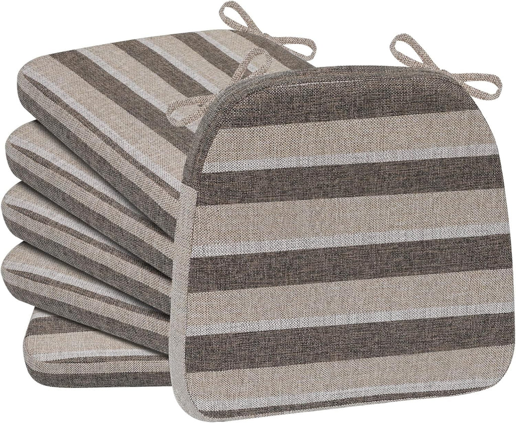 AAAAAcessories D-Shaped Chair Cushions, 2" Thick Dining Chair Pads with Ties and Removable, Machine-Washable Cover, 17" x 16", Set of 6, Boldstripes Chocolate/Beige