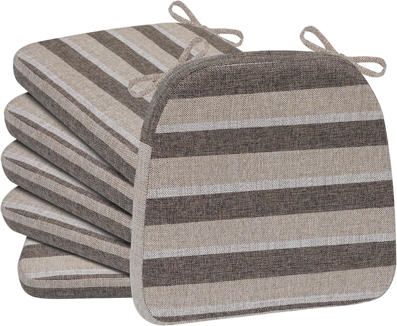 AAAAAcessories D-Shaped Chair Cushions, 2" Thick Dining Chair Pads with Ties and Removable, Machine-Washable Cover, 17" x 16", Set of 6, Boldstripes Chocolate/Beige