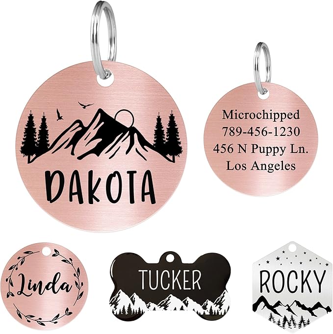 Ultra Joys Stainless Steel Pet ID Tag Dog Name Tags Personalized Front and Back Engraving, Customized Dog Tags and Cat Tag, Optional Engraved on Both Sides, Round Mountain on Top, Rose Small