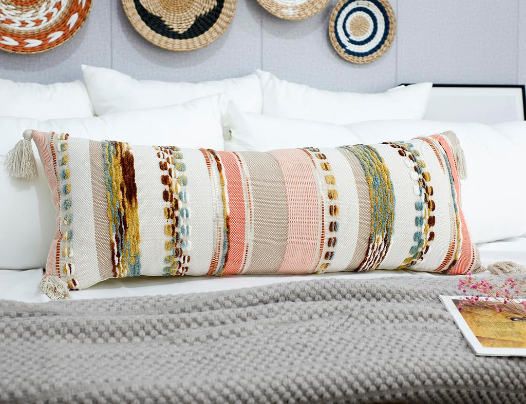 PANOD Boho Long Lumbar Throw Pillow Cover 14 x 36 Orange, Chenille Morocan Extra Long Pillow Case Cover, Decorative Long Pillow for Bed Couch Sofa Farmhouse