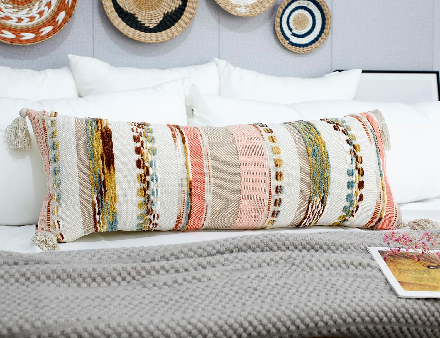 PANOD Boho Long Lumbar Throw Pillow Cover 14 x 36 Orange, Chenille Morocan Extra Long Pillow Case Cover, Decorative Long Pillow for Bed Couch Sofa Farmhouse