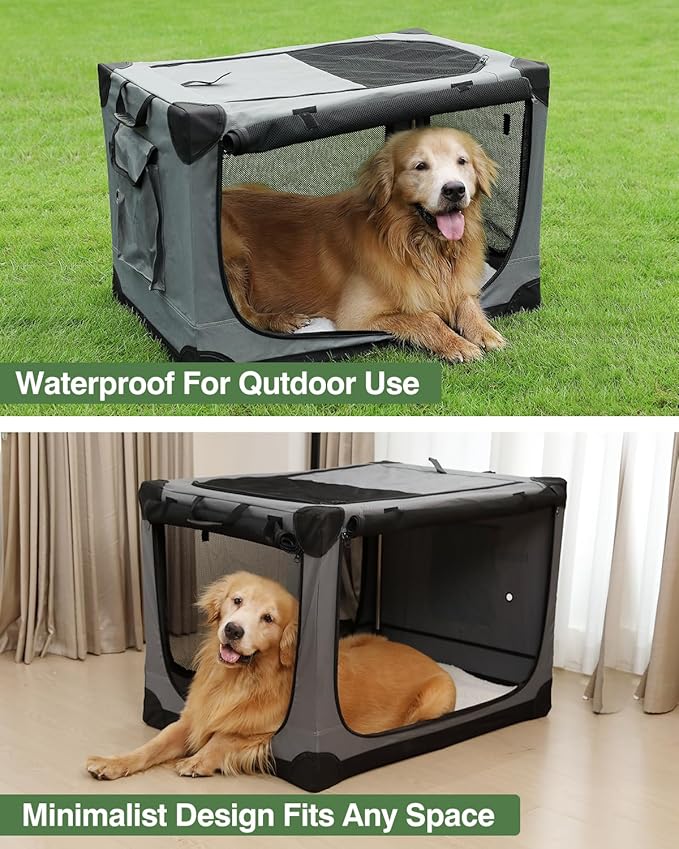 30 Inch Collapsible Travel Dog Crate for Medium Large Dogs, Portable Dog Crate 4-Door Foldable Soft Kennel with Durable Mesh Windows for Indoor & Outdoor Travel, with Storage Bag,Grey