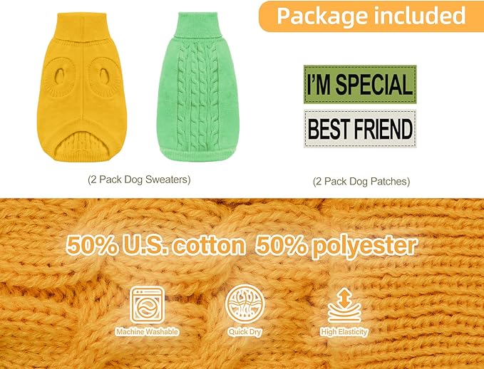 2 Pack Dog Sweaters for Small Dogs - Puppy Medium Warm Clothes in Winter, Turtleneck Pullover Design for Boy Girl Pet, Doggie, Cat, Kitten Chihuahua Bulldog Pug Beagles (S, Yellow, Green)