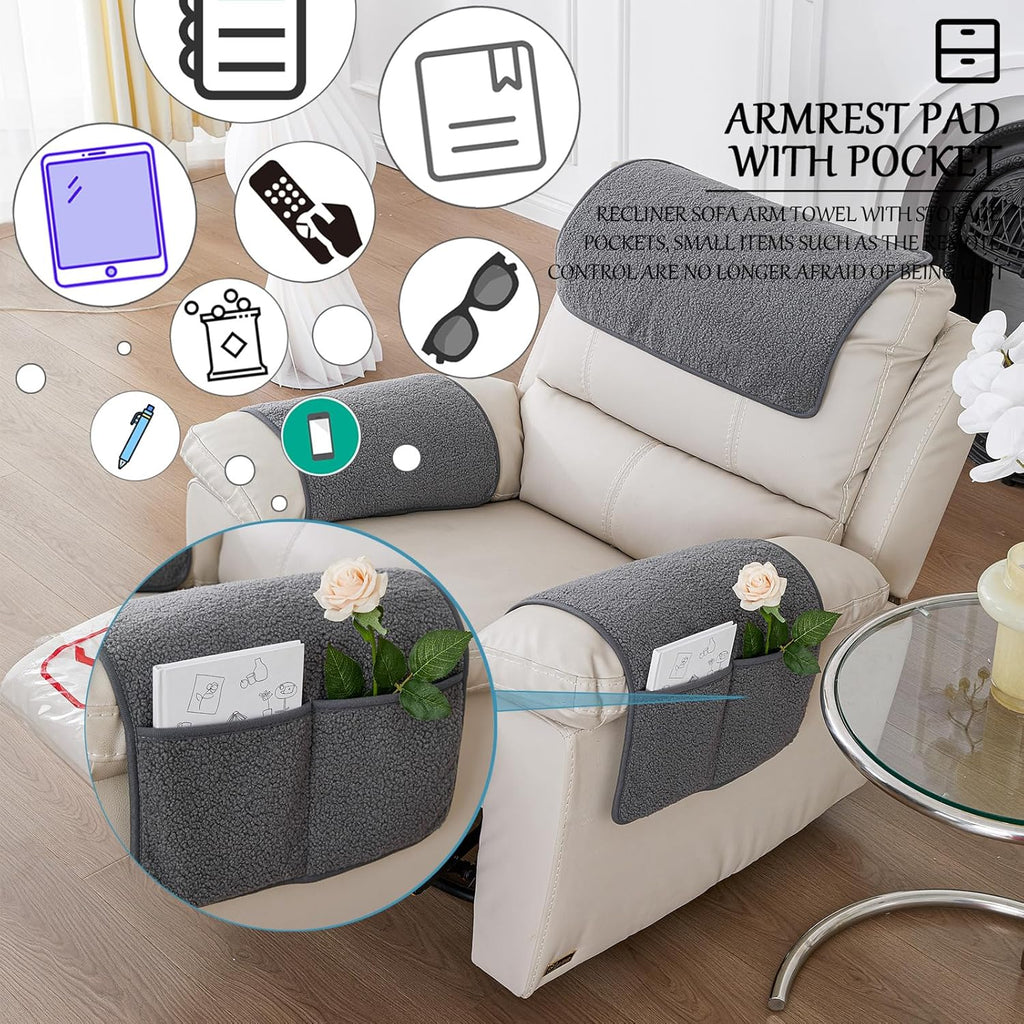 Armrest Cover, Recliner Chair Protector, Furniture Protector Slip, Side Storage Pocket, Stretch Armchair Couch Arm Rest Cover for Recliner, Chair, Sofa (Light Gray,1 Seater(3pcs))