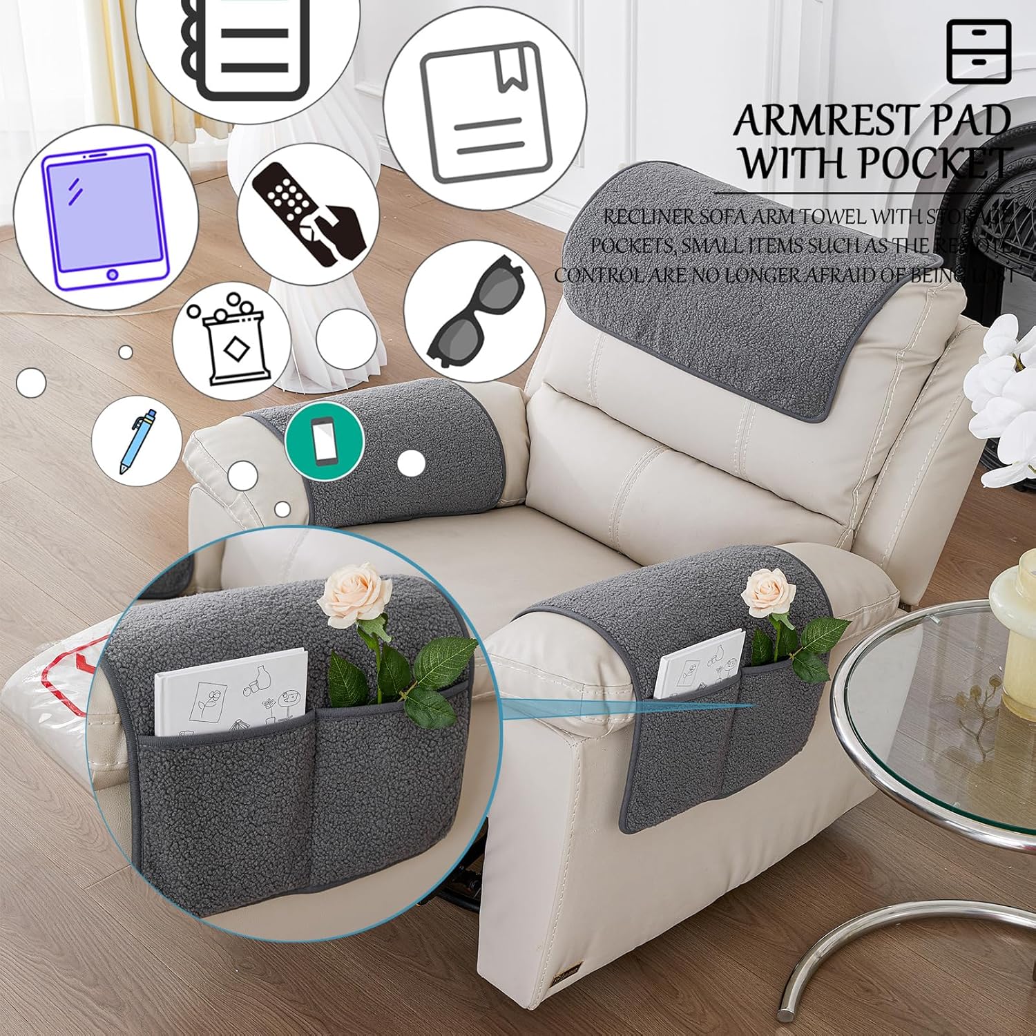 Armrest Cover, Recliner Chair Protector, Furniture Protector Slip, Side Storage Pocket, Stretch Armchair Couch Arm Rest Cover for Recliner, Chair, Sofa (Light Gray,2 Seater(4pcs))