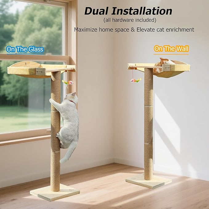 Cat Window Perch with Tall Scratching Posts, Inside 46" Climbing Tree Hammmock Mounted with Suction Cups for Sleeping,Playing and Watching Birds