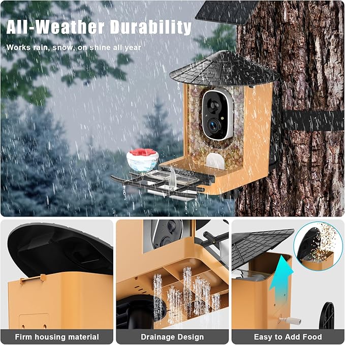 Smart Bird Feeder with Camera with AI Identify Birds Species & Solar Panel, WiFi Birdfeeder with Cam, 2K Live View, Chew-Proof & Waterproof Design, Real-Time App Alerts, Gift for Bird Lovers, Black