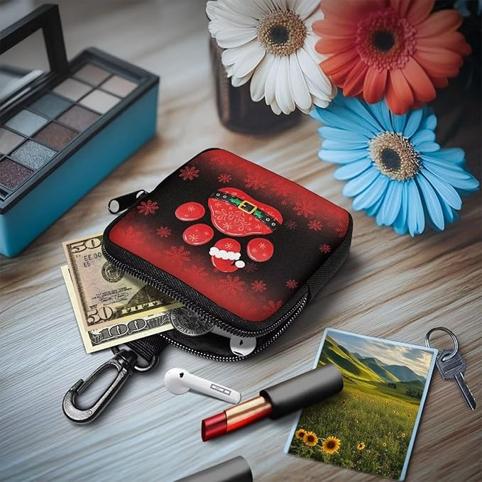 KEIAHUAN Christmas Paw Print Dog Treat Pouch Dog Training and Walks Snack Bag with Clasp Christmas Theme Pet Treat Container, Zipper Closure, Xmas Keychain Pouch Small Coin Bag