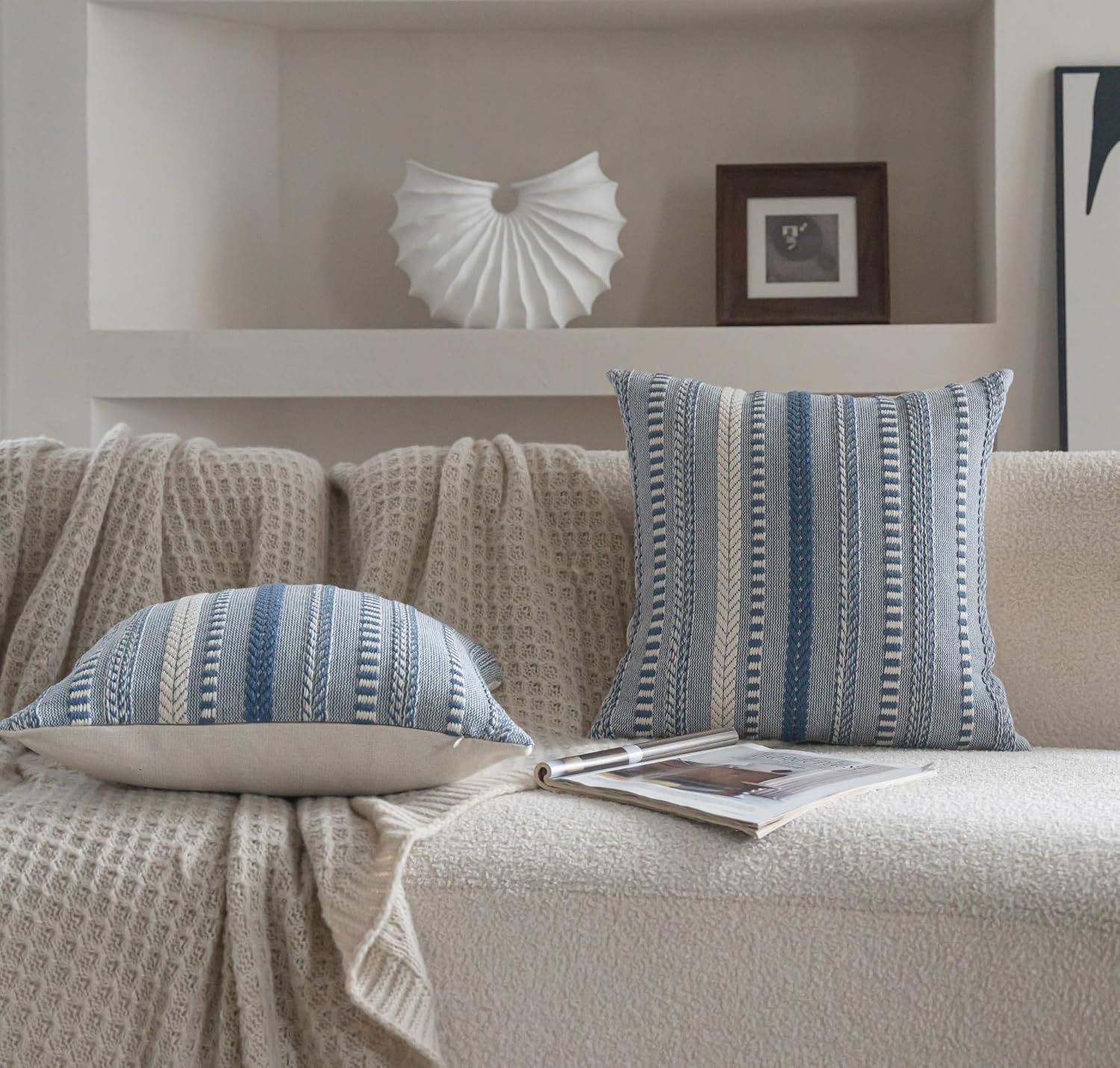 Boho Throw Pillow Covers 18x18 Inch Set of 2, Farmhouse Decorative Couch Pillow Cases, Blue Accent Pillows of Bed, Sofa Bedroom Living Room Home Decor Cushion Cover