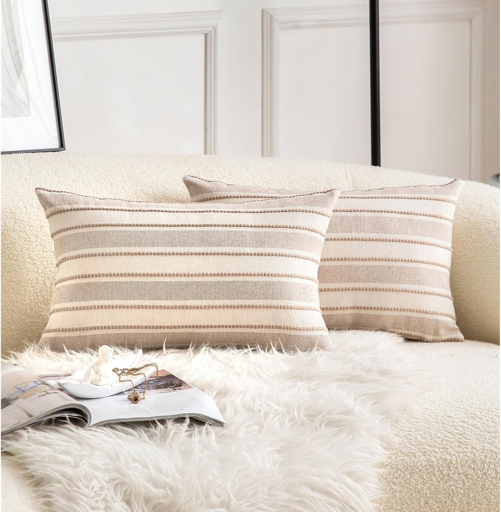 Decorative Boho Lumbar Throw Pillow Covers, Farmhouse Textured Pillow Case, 12 x 20 Inch Set of 2, Chair Sofa Bedroom Living Room Home Decor Couch Cushion Case, Tapue and Beige