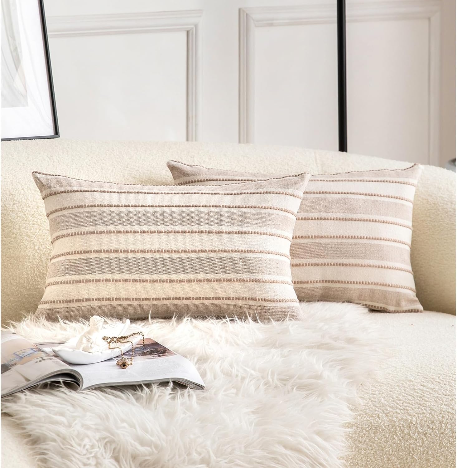 Decorative Boho Lumbar Throw Pillow Covers, Farmhouse Textured Pillow Case, 12 x 20 Inch Set of 2, Chair Sofa Bedroom Living Room Home Decor Couch Cushion Case, Tapue and Beige