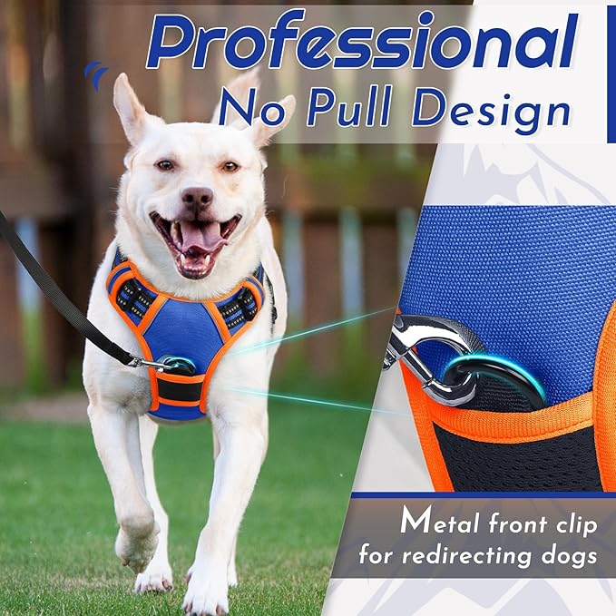 Eagloo Dog Harness for Large Dogs, No Pull Service Vest with Reflective Strips and Control Handle, Adjustable and Comfortable for Walking, No Choke Harness with 2 Metal Rings, Blue & Orange, M