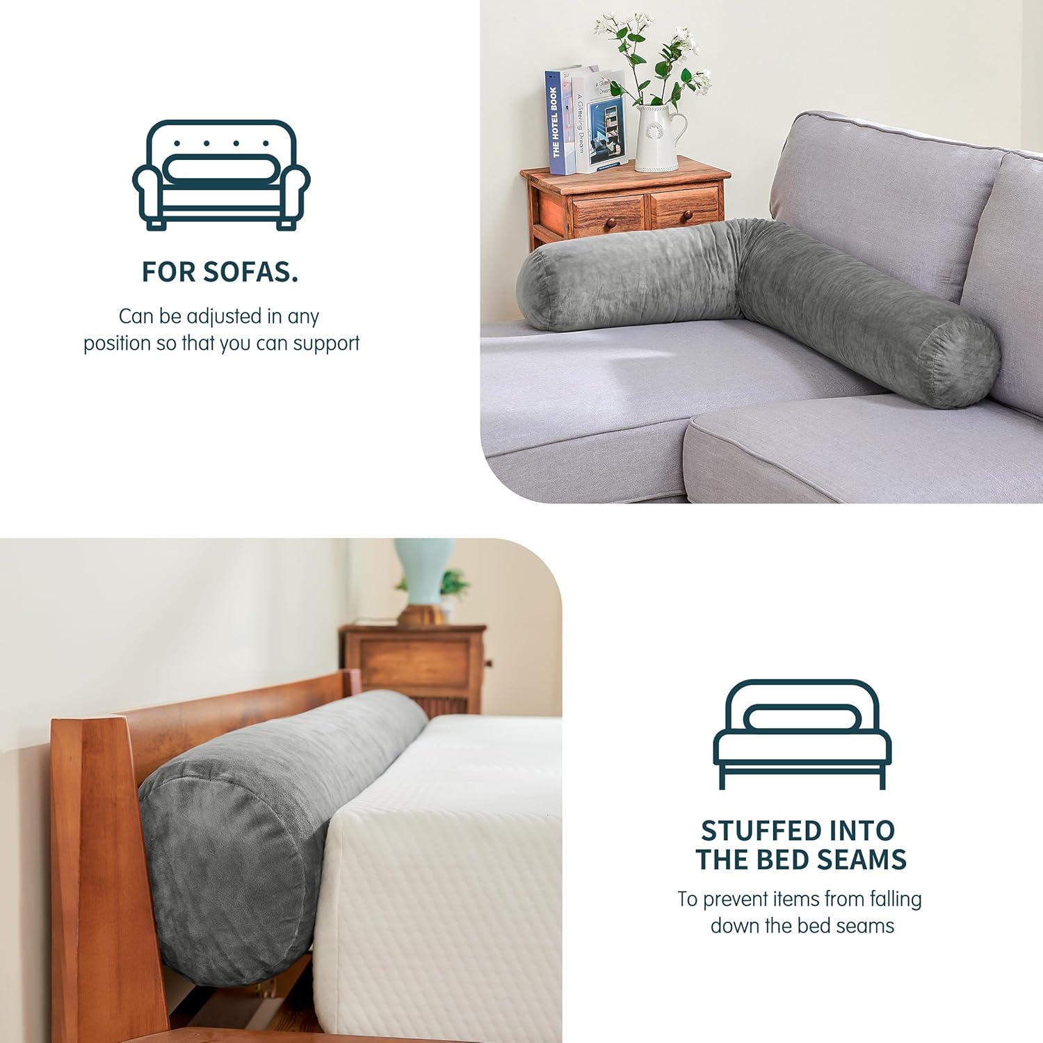 SyMax 7.8"x60" Body Pillow for Queen Bed, Bolster w/Removable Polyester Cover, Headboard Gap Filler Pillow, Light Grey