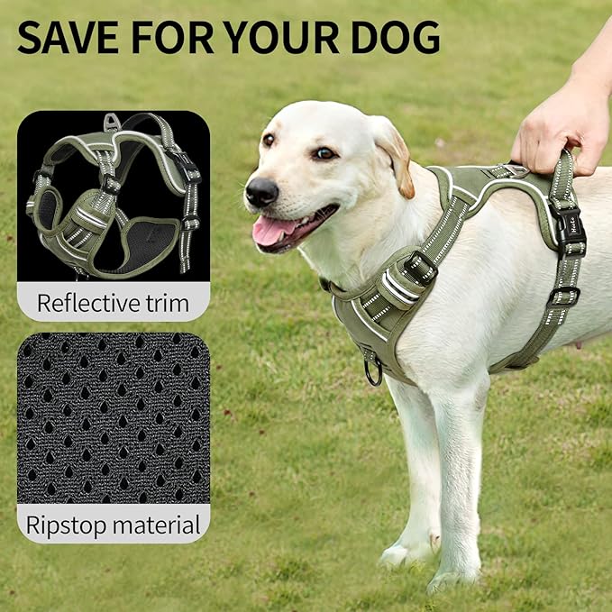 HEELE Dog Harness, Dog Harness for Small Medium Large Dogs No Pull Adjustable Padded Reflective Harness with Handle for Walking Training, Green, S