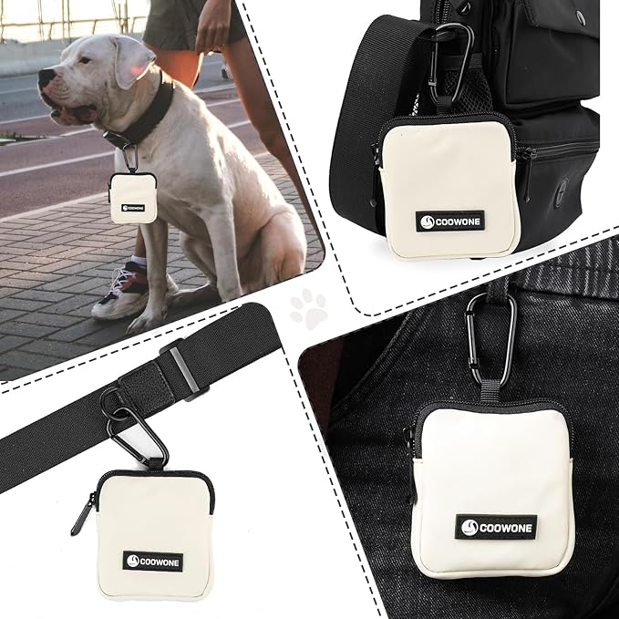 Waterproof Dog Treat Pouch, Dog Training Treat Pouch Built in Poop Bag Dispenser Adjustable Shoulder Bag (BLK) (Beige Small Pouch)