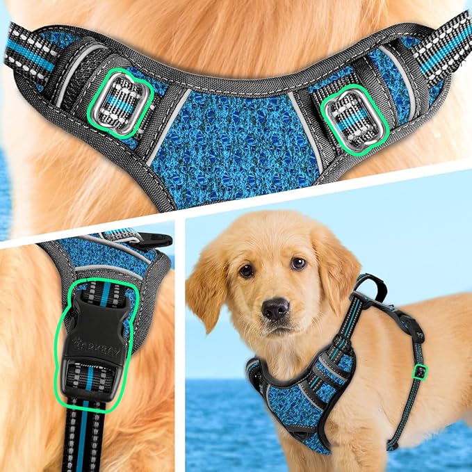 BARKBAY No Pull Dog Harness Large Reflective Dog Harness with Front Clip and Easy Control Handle for Walking Training Running with ID tag Pocket(Blue/Black,XS)