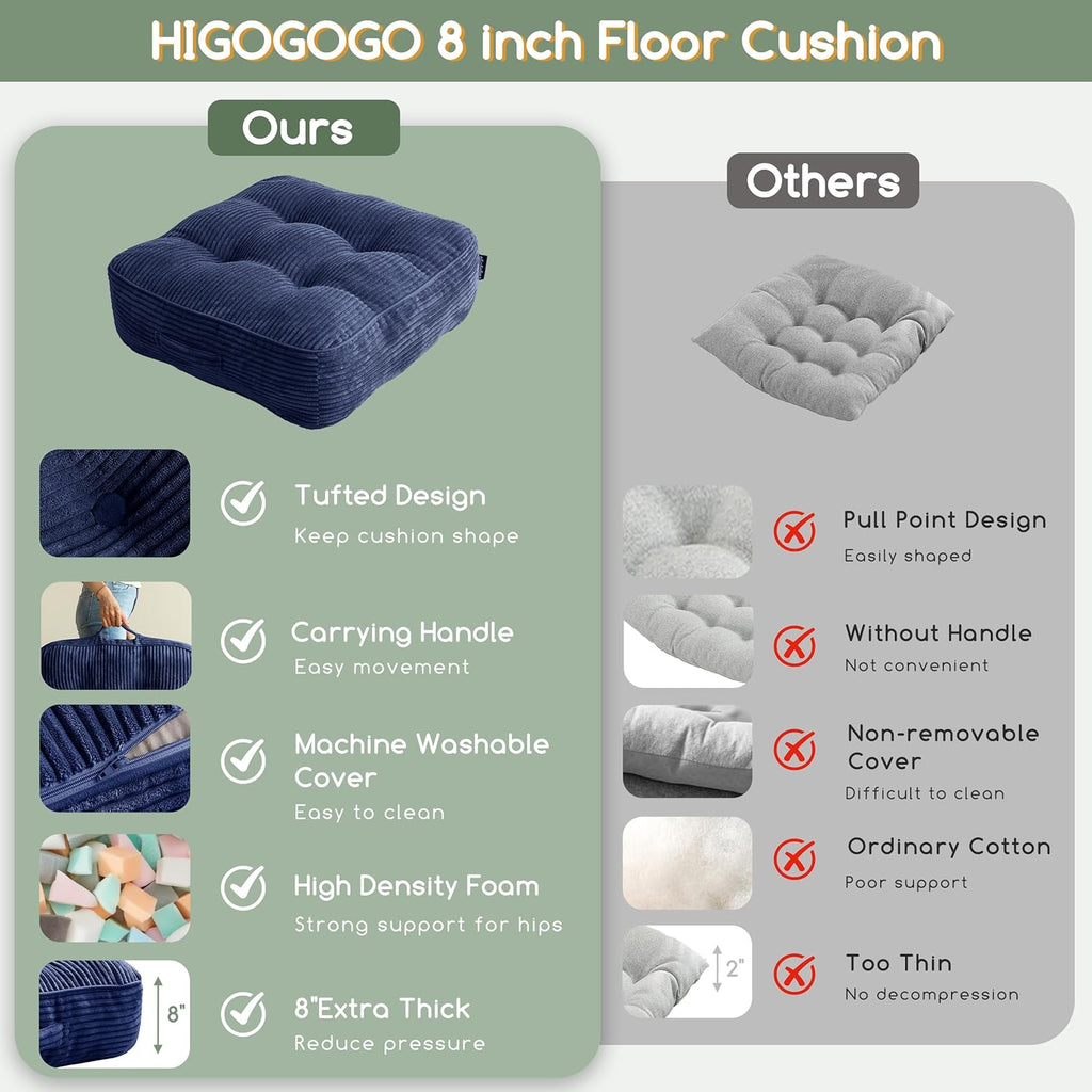 8" Washable Floor Pillow Cushion for Adults, Meditation Cushion Pillow, Large Square Floor Sitting, Removable Tufted Corduroy Cover, for Tatami Living Room or Yoga, 22x22 Inch, 2Pack, Machine Washable