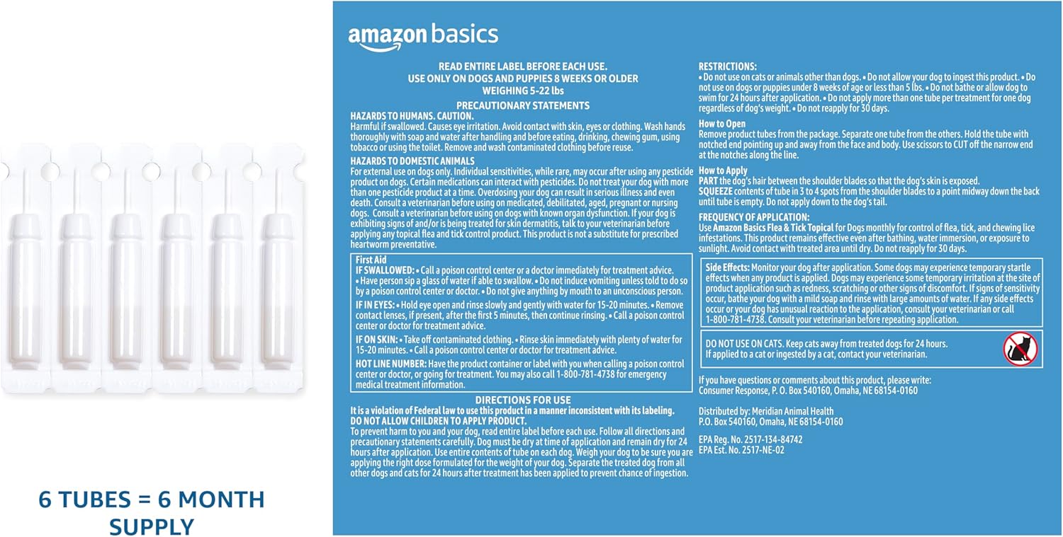 Amazon Basics Flea and Tick Topical Treatment for Medium Dogs (23-44 Pounds), 6 Count (Previously Solimo)