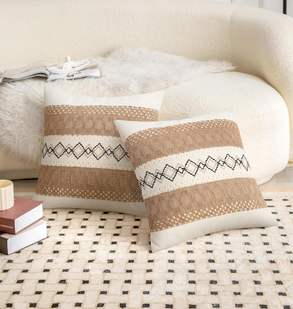 Pyonic Pack of 2 Boho Throw Pillow Covers 18x18 Inch Farmhouse Decorative Throw Pillows for Bed Sofa Living Room,Beige Modern Cushion Cover Couch Pillows Cover Home Decor