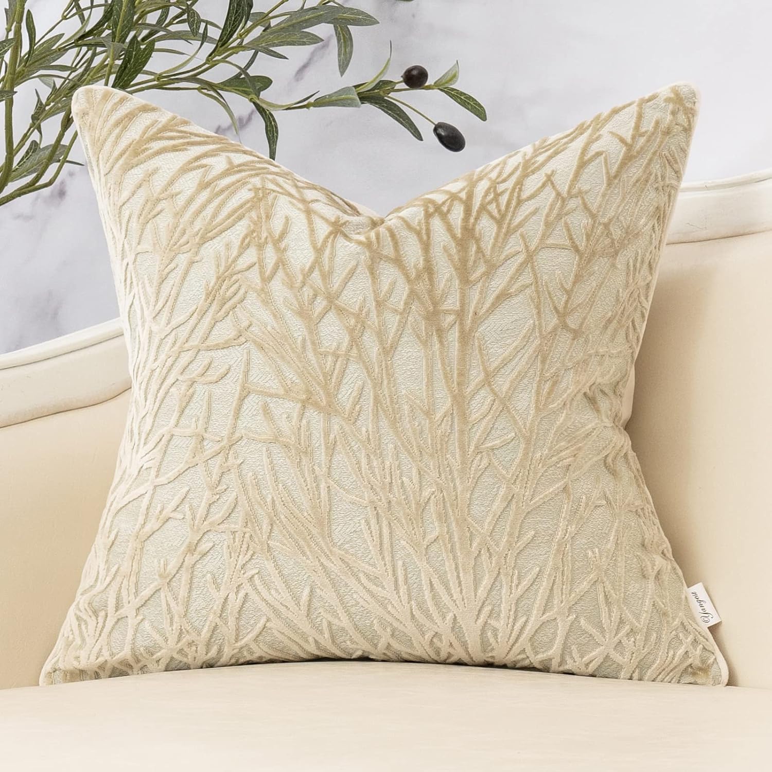 Yangest Beige Twigs Greenish Throw Pillow Cover Branches Velvet Cushion Case Neutral Pillowcase for Sofa Couch Bedroom Living Room Home Decor,20x20 Inch