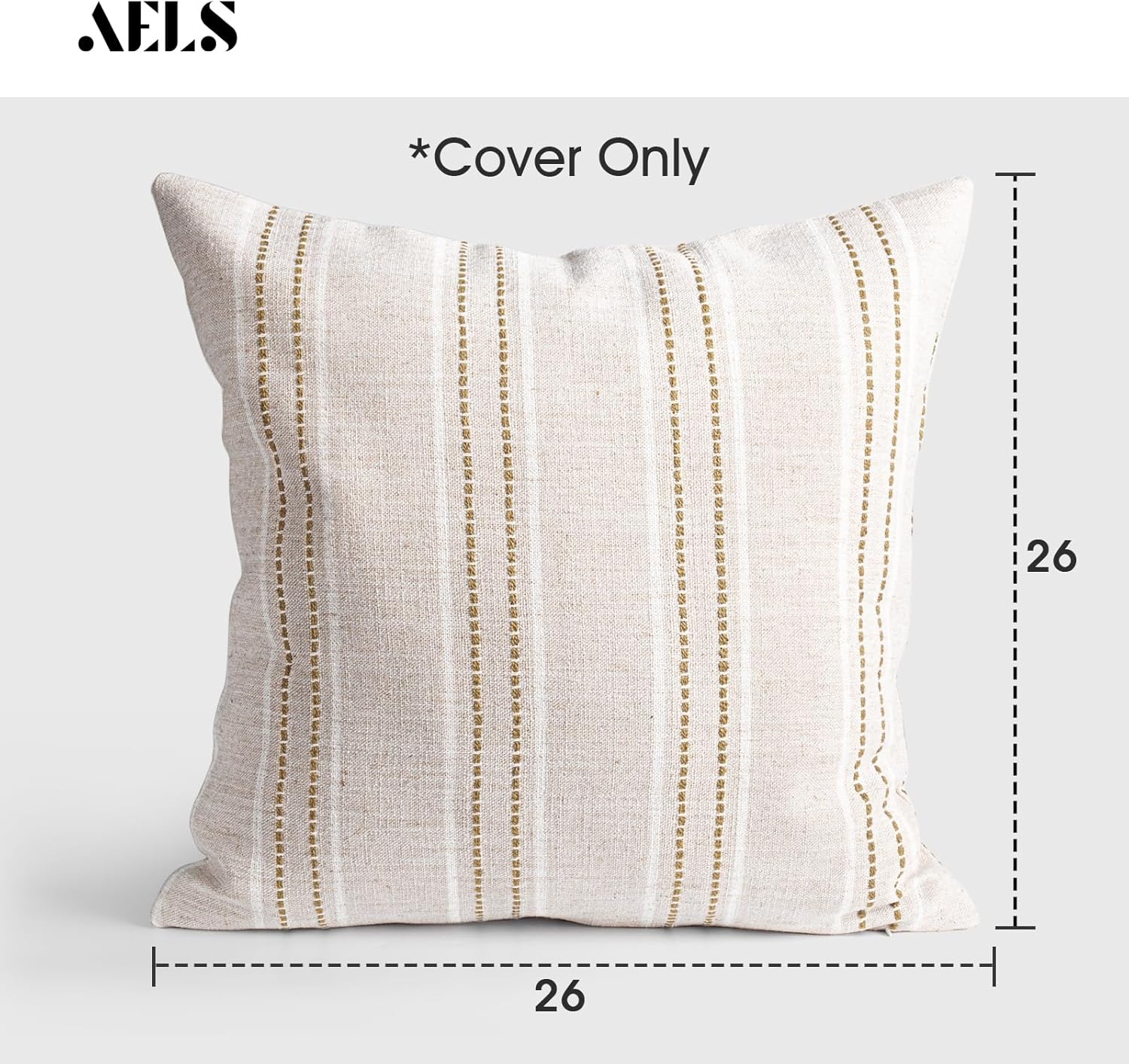 AELS 26x26 Decorative Farmhouse Linen Throw Pillow Covers, Boho Textured Pillow Case, Set of 2, Beige with White & Brown Stitch Yarn Dyed Stripe Cushion Cover for Sofa Couch Living Room (Cover ONLY)