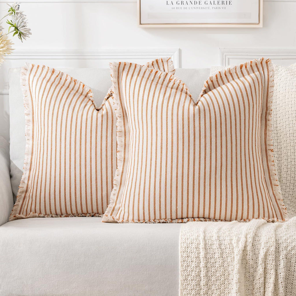MIULEE Pack of 2 Orange Pillow Covers26x26 Inch Striped Farmhouse Couch Throw Pillow Covers with Fringe Chic Linen Decorative Cushion Covers for Halloween Sofa Living Room Bed Outdoor Home Decor