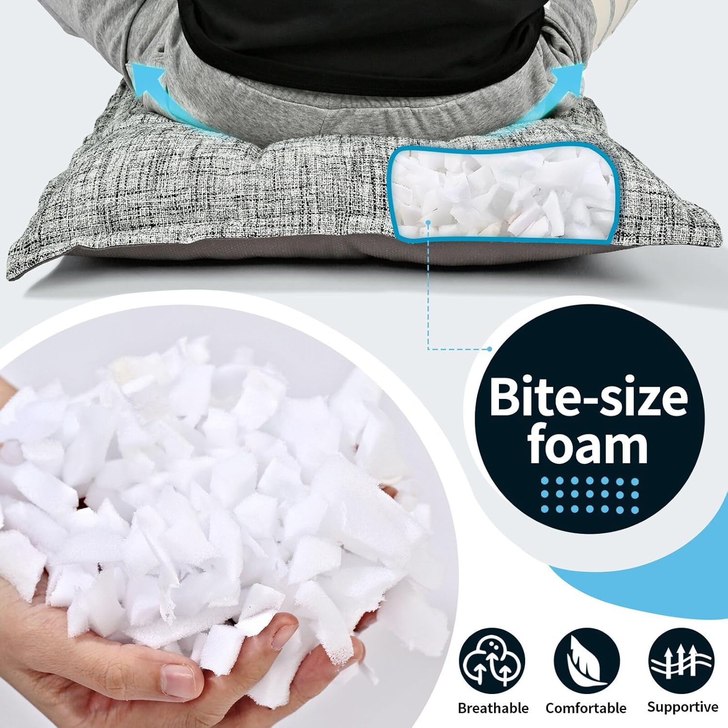 SINSOSSO Large Floor Pillow 22", Thickened Bite-Size Memory Foam Square Non-Slip Cushion for Office Back Support/Indoor Yoga/Chair Seat, Fashionable Color-Blocked Fabric & Washable, Black, 1 PCS