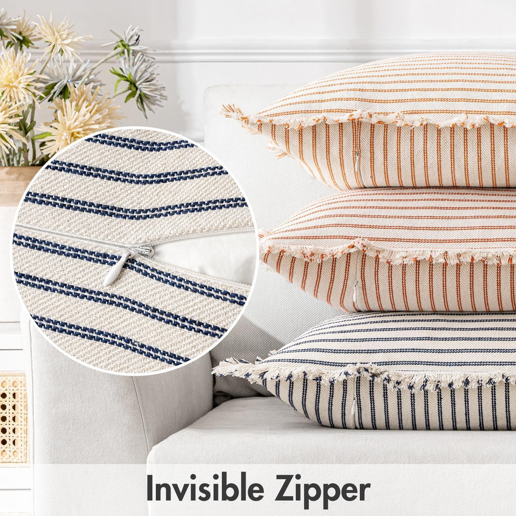 MIULEE Pack of 2 Navy Blue Pillow Covers 24x24 Inch Striped Farmhouse Couch Throw Pillow Covers with Fringe Chic Linen Decorative Cushion Eruo Sham for Sofa Living Room Bed Outdoor Home Decor