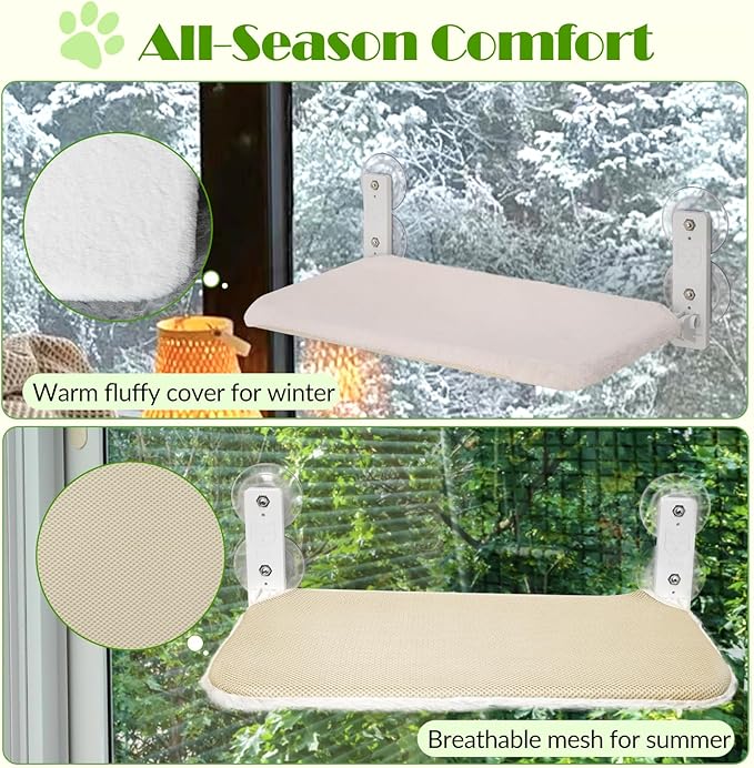 keny Cordless Cat Window Perch, Large Size Hammock with 4 Strong Suction Cups, Cat Hammock for Window with Two Fabrics Cover, Foldable Bed for Cats, White