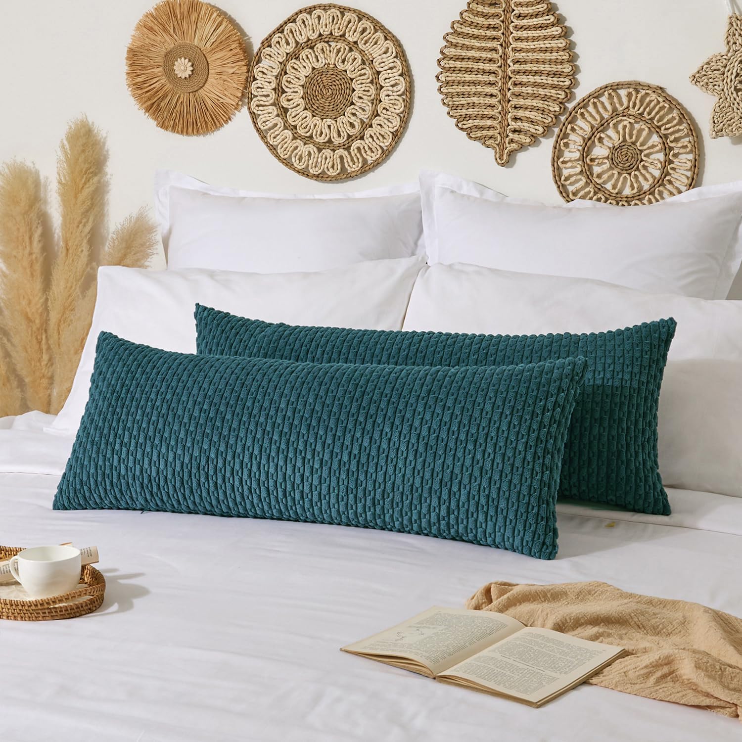 Kevin Textile 20x54 Inch Long Body Lumbar 1 Pack Boho Decorative Throw Pillow Cover Soft Striped Corduroy Rectangle Cushion Case Farmhouse Accent for Living Room Couch Sofa Bed, Teal Blue