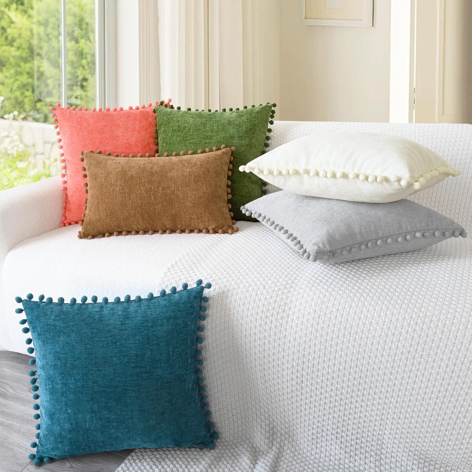 CaliTime Throw Pillow Covers Decorative 22 X 22 Inches Pack of 2 Cozy Solid Dyed Soft Chenille Cushion Cases with Pom Poms for Couch Sofa Bed Living Room Home Forest Green