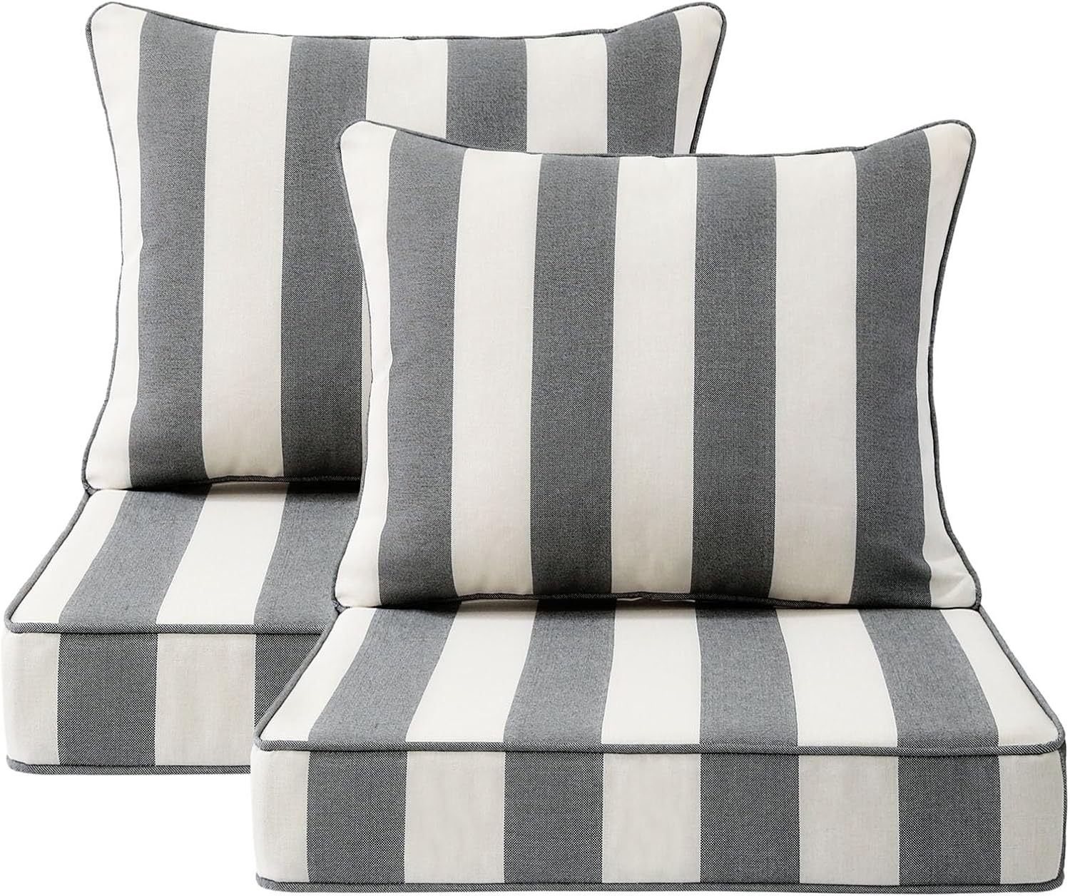 Outdoor Patio Chair Cushions Set, 24" x 24", Set of 2, Water-Repellent, Fade Resistant, Deep Seat Bottom and Back Cushion for Backyard, Couch, Sofa and Patio Furniture, Gray Stripe